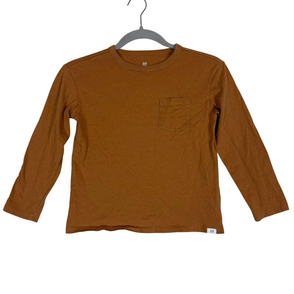 Gap Shirt Kids S 6-7 Brown Solid Long Sleeve Crewneck Pocket Tee Jersey Top